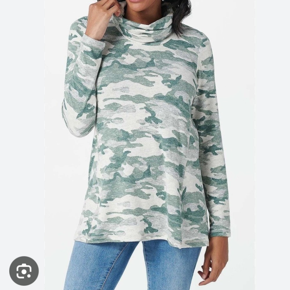 Susan Graver Weekend‎ Camo Sweater Knit Cowl Neck Top Green Grey Small S